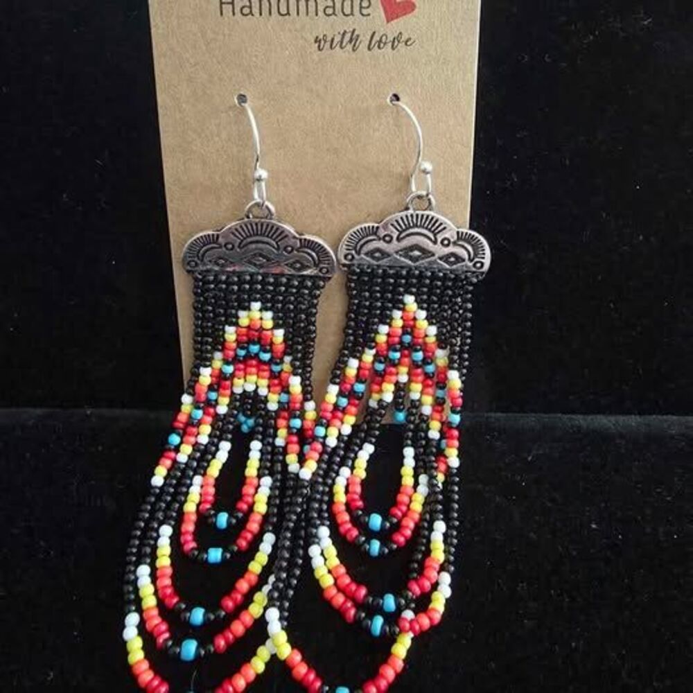 Indian country beaded earrings. Glass beads & Silver metals. #54-55
